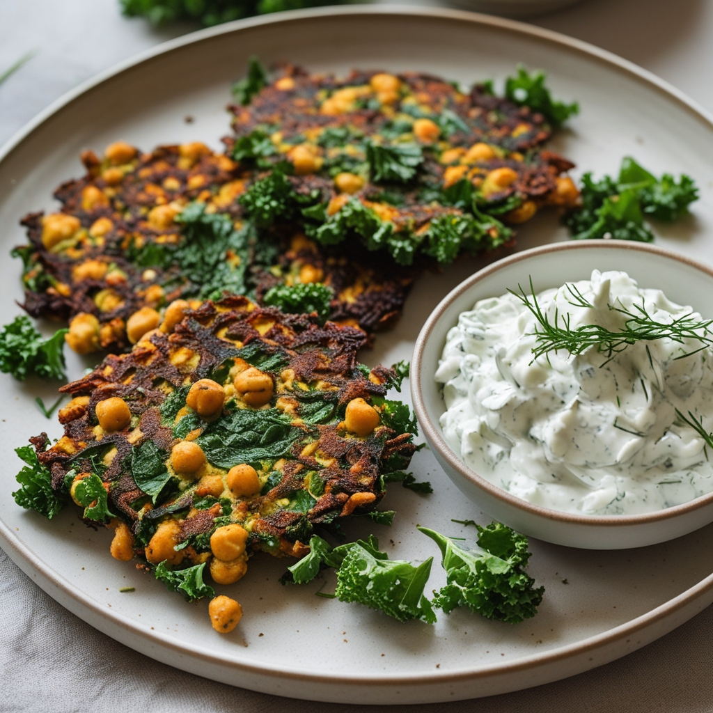Final Crispy Harissa Chickpea & Kale Fritters with Whipped Feta-Dill Dip