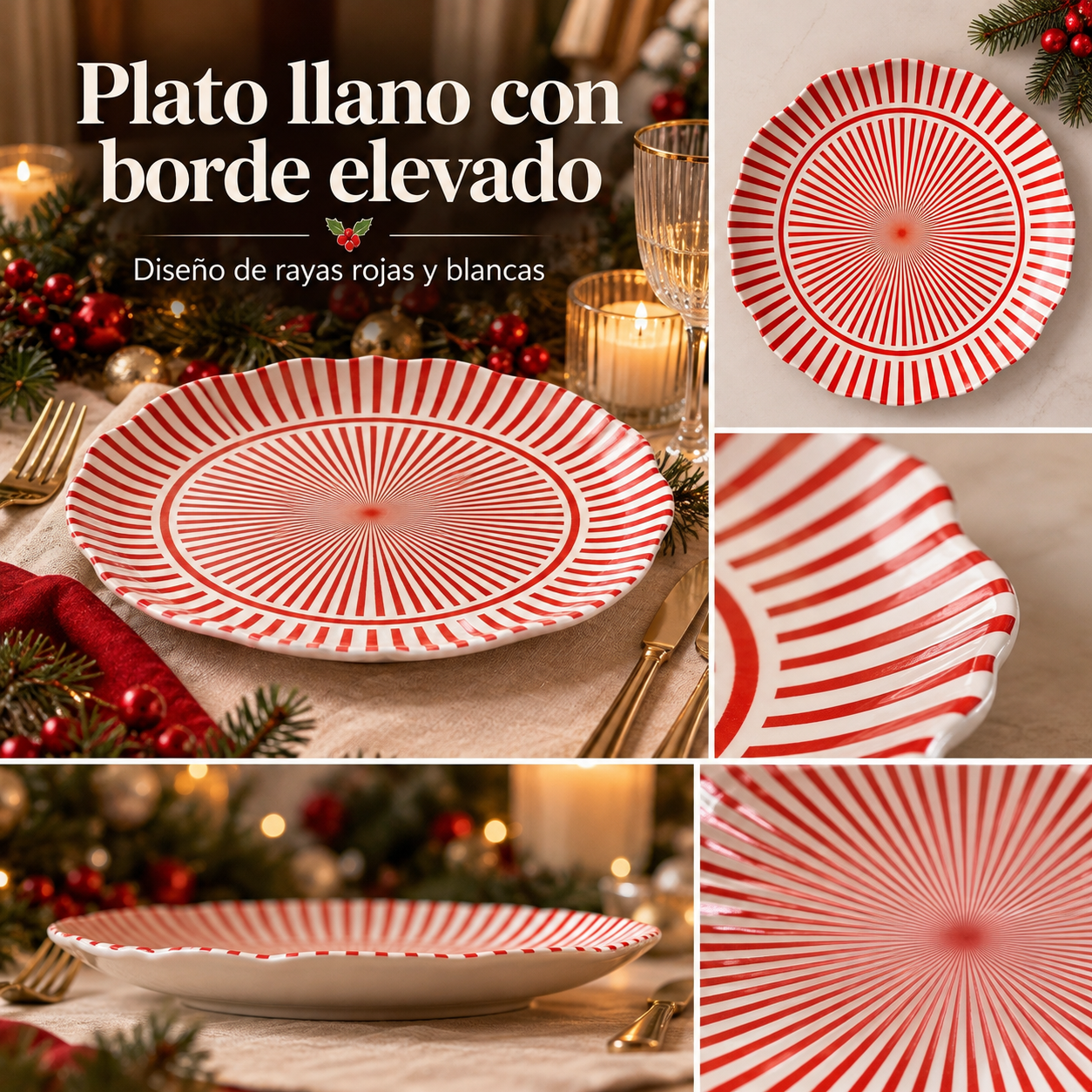Plato playo de cerámica a rayas rojo y blanco