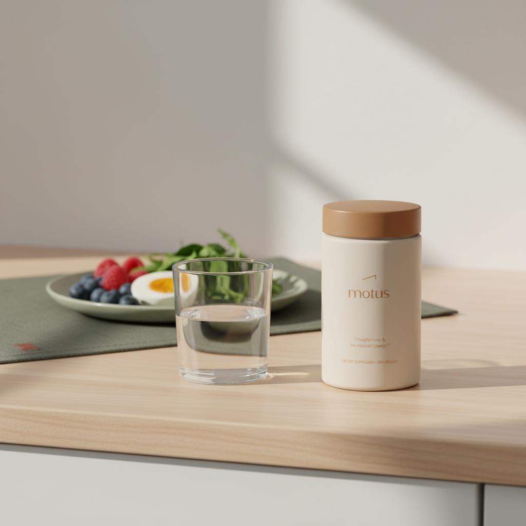 Motus supplement container on a clean kitchen counter with glass of water and plate of berries, egg and greens in a minimalist Tonum scene for insulin resistance