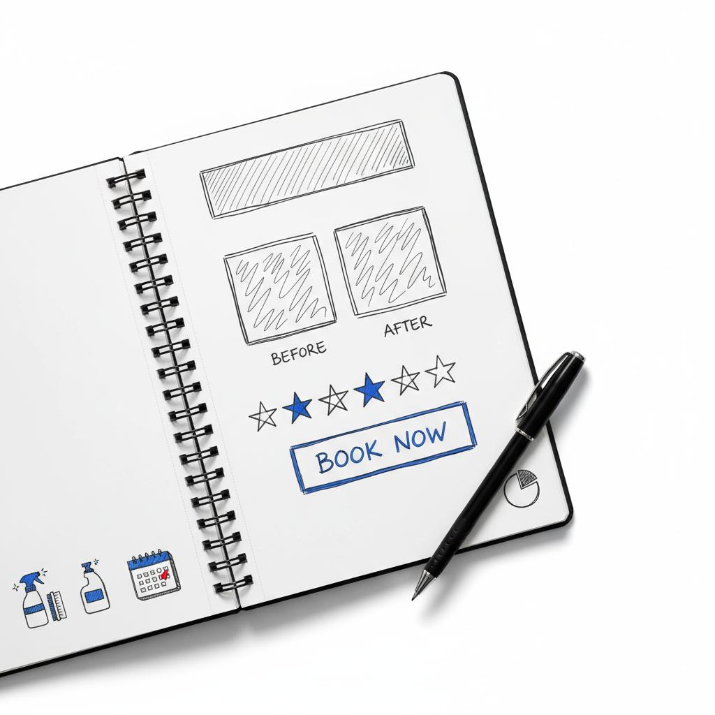 Top-down sketchbook wireframe for a cleaning ad showing before/after thumbnails, rating stars and a booking button sketch on a white desk &mdash; cleaning ad