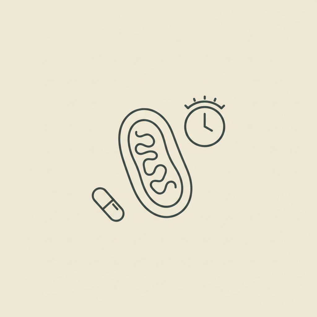 Minimalist 2D vector line illustration of a mitochondrion, capsule, and daytime clock on a beige background representing metabolic flexibility.
