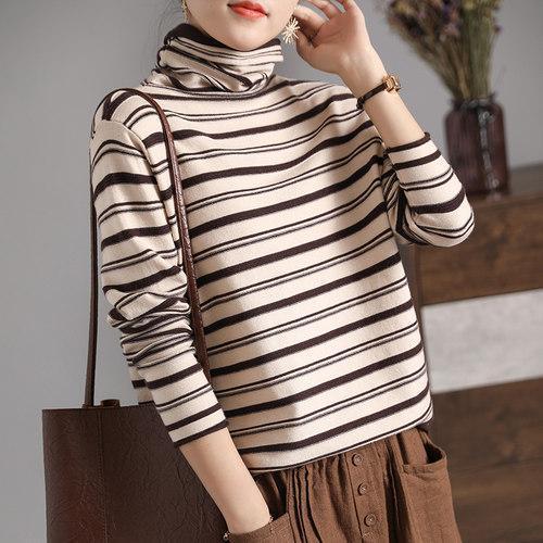 Women's Long Sleeve Shirt with Stand-Up Collar and Striped Pattern