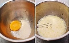 Trong khi đó lấy 1 cái chén khác ra, đánh tan trứng gà với đường trắng. Dùng phới đánh bông hỗn hợp lên.