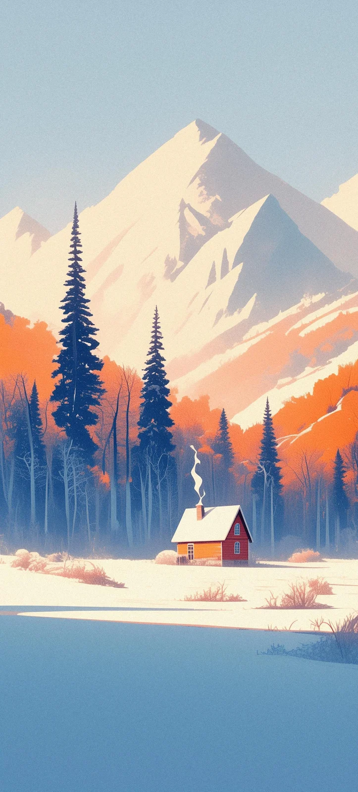 Snowy Mountain Cabin At Sunset - Minimalist Digital Illustration Full HD iPhone Wallpaper (1400x3100)