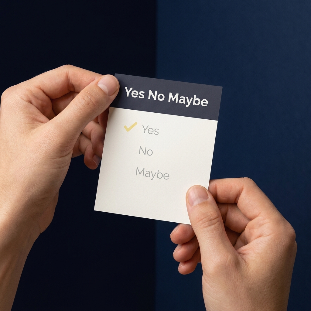 Close up of two hands holding a small checklist titled Yes No Maybe on a dark Funded Plays background with a checked Yes box and a subtle diagonal reverse line movement guiding the eye