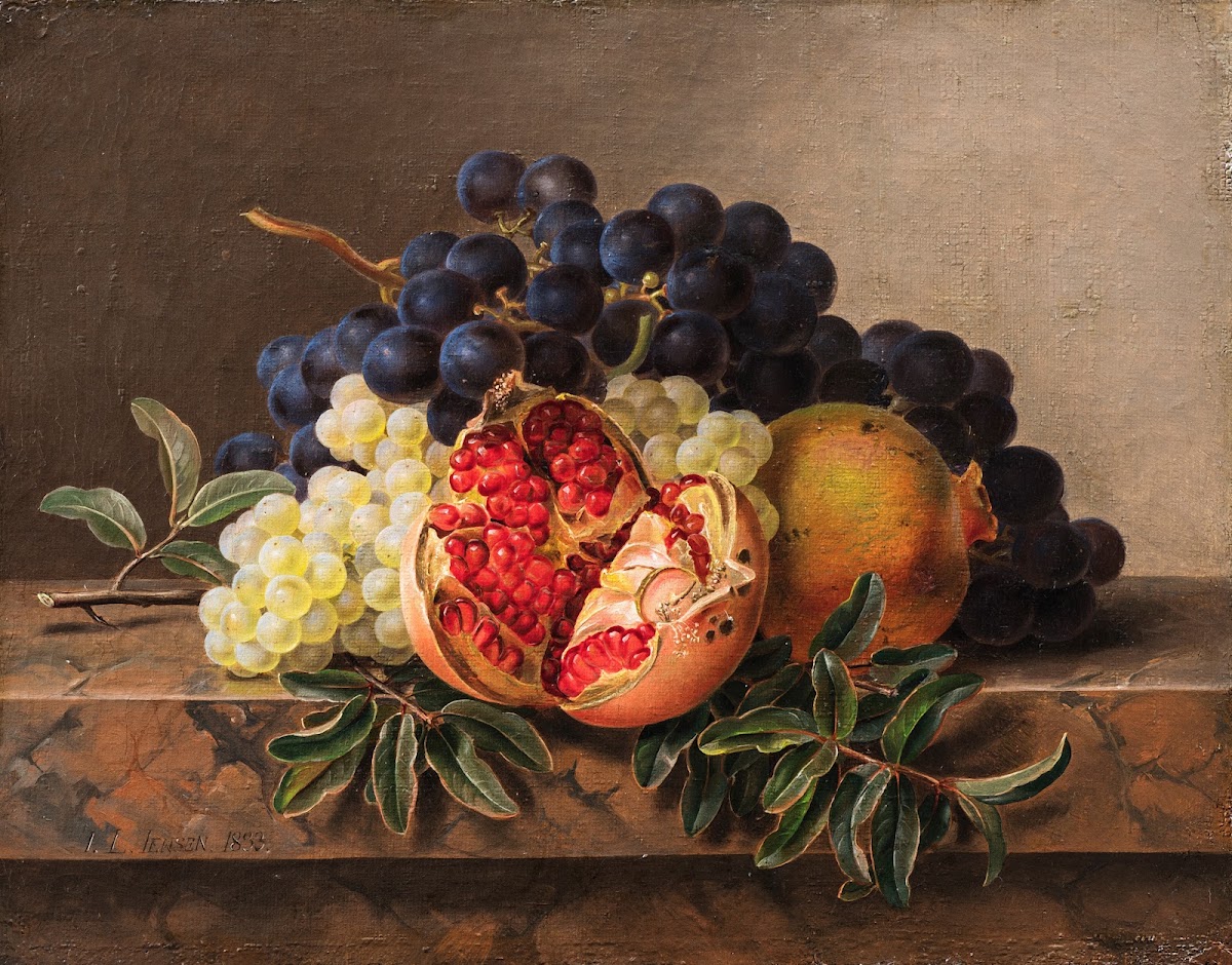 Pomegranates and green and blue grapes on a marble frame 1833