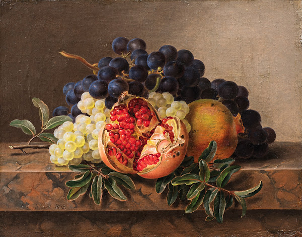 Pomegranates and green and blue grapes on a marble frame 1833