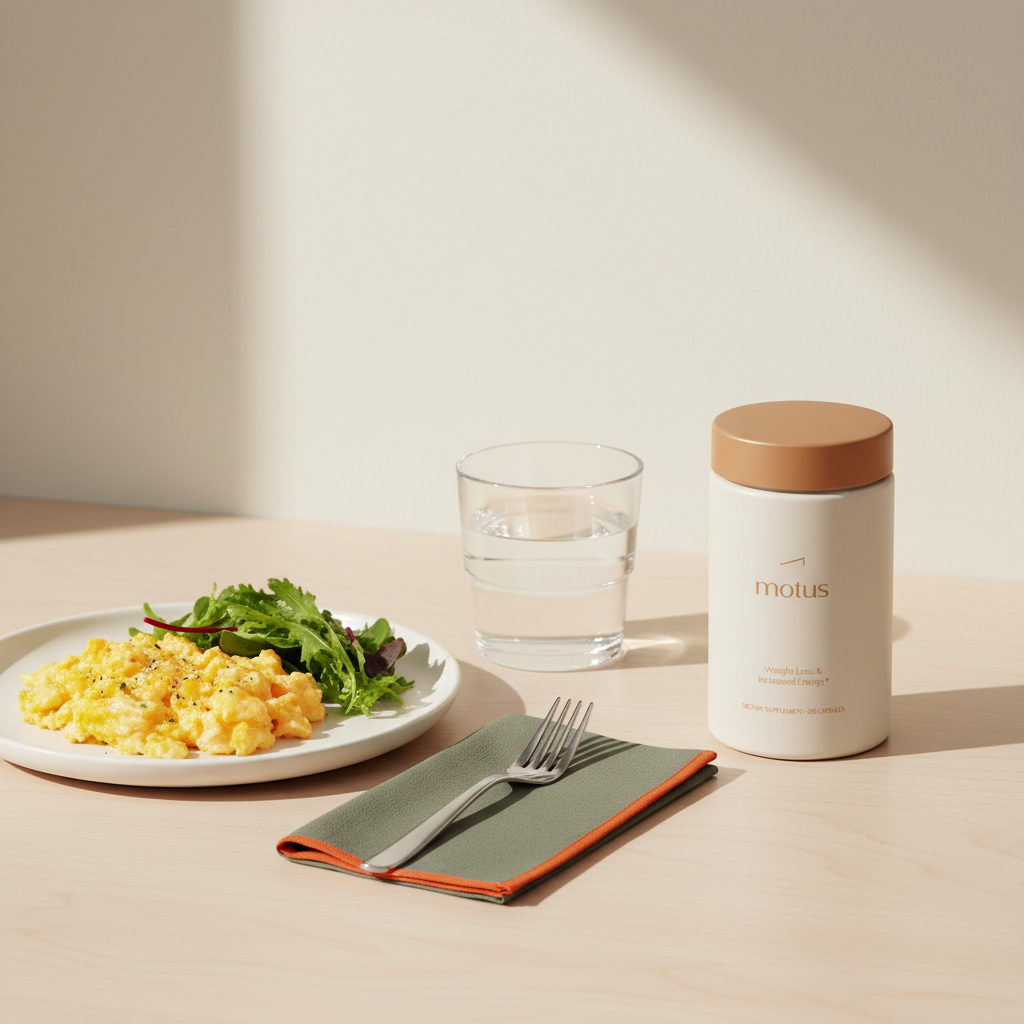 Minimal morning scene with Tonum Motus bottle beside eggs on greens and a glass of water on a pale wooden counter, conveying a calm routine to lose weight naturally.