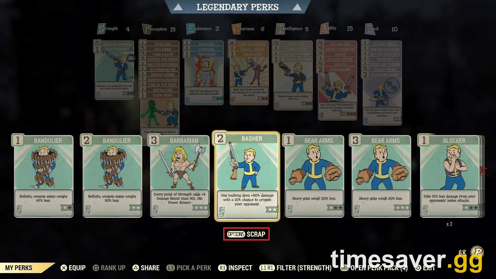Fallout 76 perk card management screen highlighting the Scrap option used to earn Perk Coins