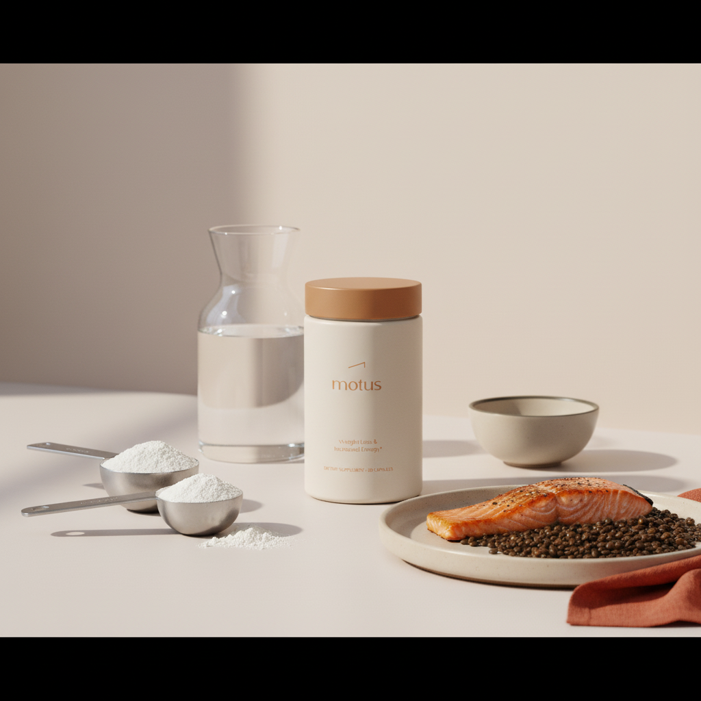 Motus supplement bottle beside measured whey scoops, a glass carafe of water, and a plate of salmon and lentils on a minimalist #F2E5D5 background — best protein for fat loss