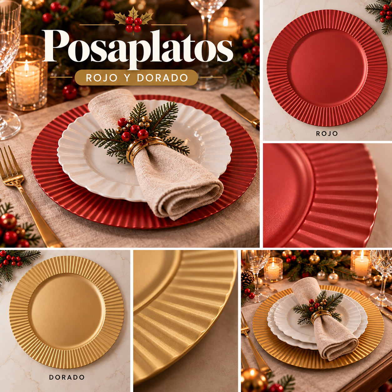 Posaplatos con borde plisado – rojo y dorado