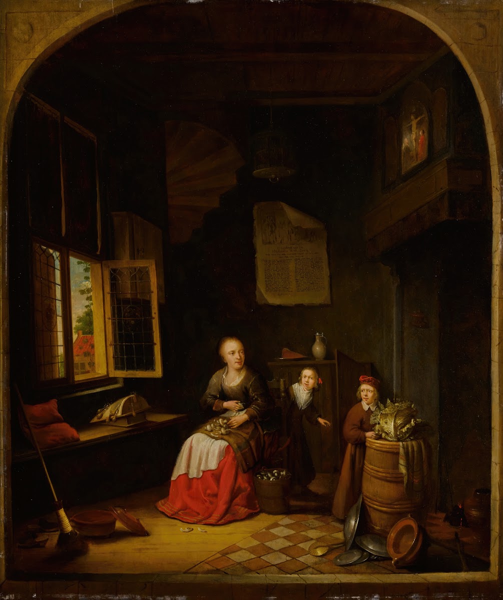 Interior Of A Kitchen With A Seated Woman Peeling Onions A Child Hiding Behind H