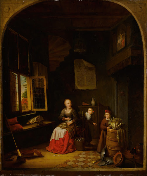 Interior Of A Kitchen With A Seated Woman Peeling Onions A Child Hiding Behind H