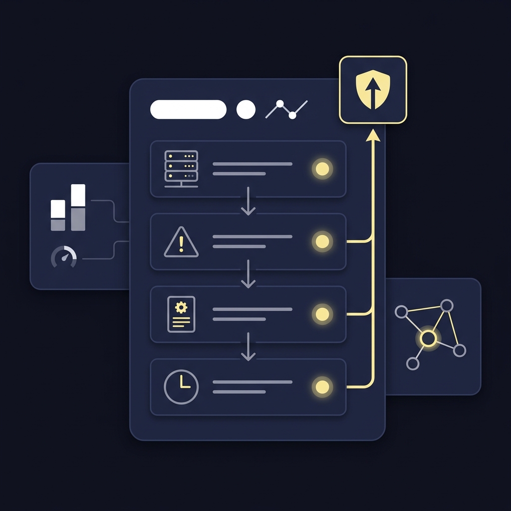 Checklist style vector runbook illustrating triage steps and escalation arrows for How to Monitor Rule Compliance in Your Dashboard in Funded Plays brand colors dark navy background white elements gold accents