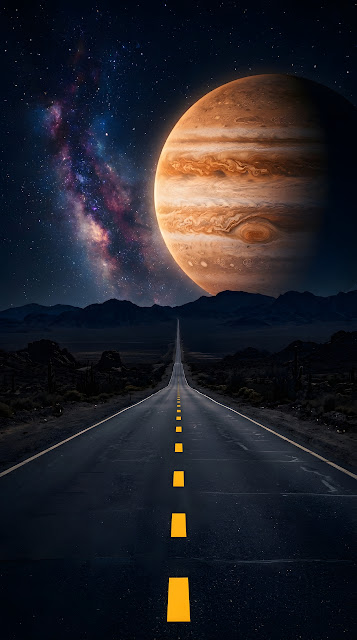 Surreal Digital Art of a Long Highway Leading Toward a Giant Planet - Free mobile Wallpaper