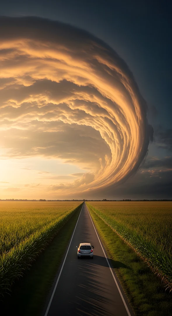 Dramatic Shelf Cloud Over Straight Road and Green Fields