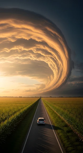 Dramatic Shelf Cloud Over Straight Road and Green Fields