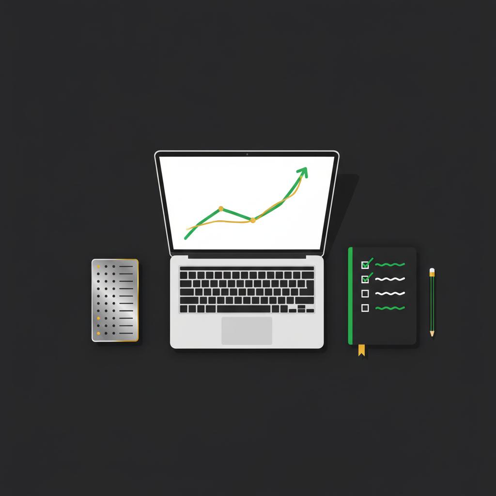 Minimalist vector desktop with laptop showing a simple portfolio chart notebook with checkbox style tax checklist and metal seed phrase plate on dark background for cryptocurrency investing