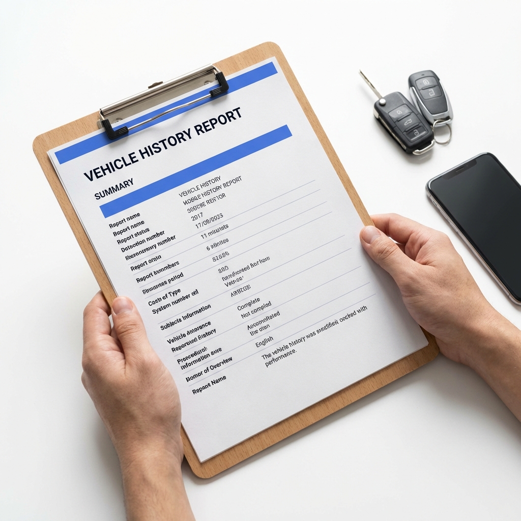 Close up of a vehicle history report on a clipboard next to car keys and a phone hands visible minimalist CarFax Deals style shallow depth of field bmw for sale near me