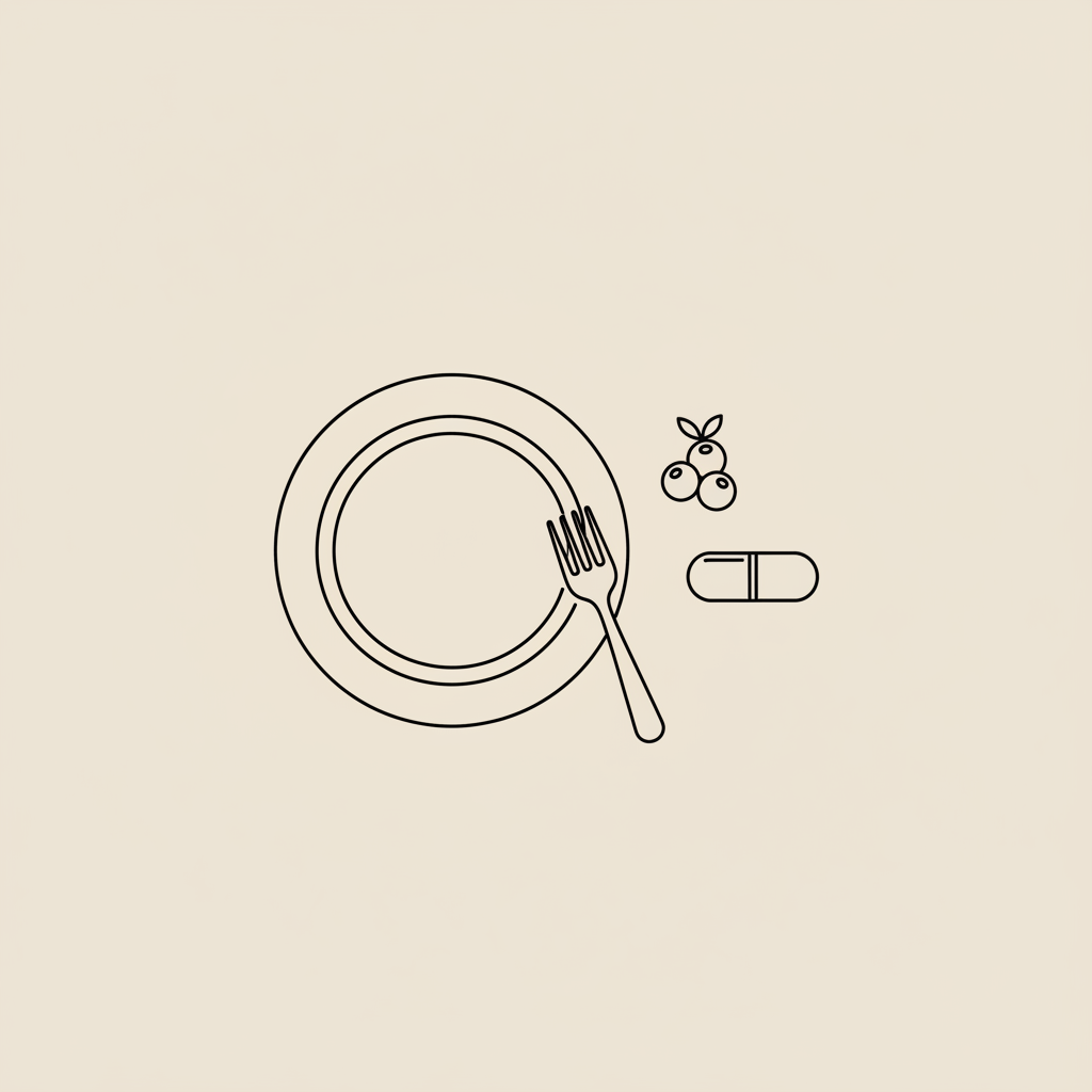 Minimal Tonum-style line illustration of a plate with fork, a capsule, and a small cluster of berries on a beige background for best protein powder for weight loss