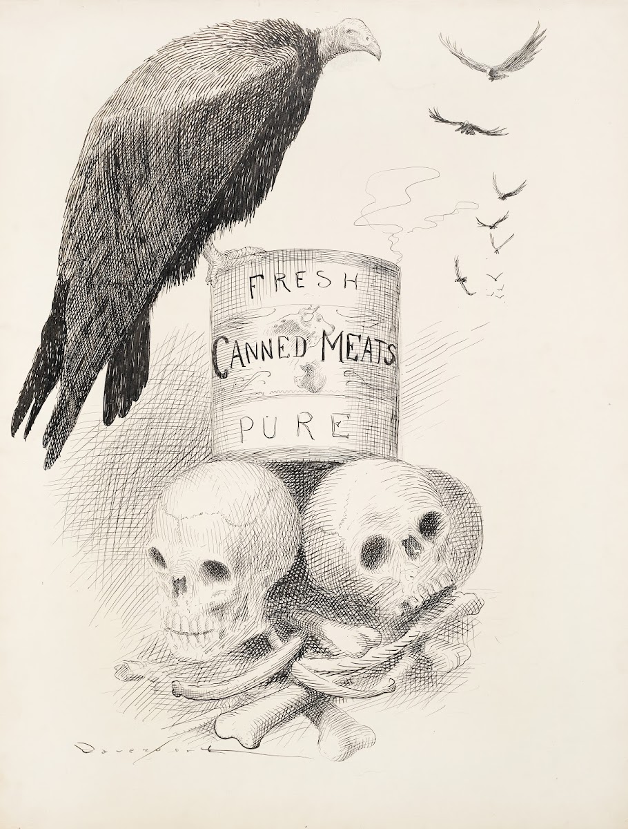 A can of Fresh Canned Meats sits on top of human bones Vultures circle the can a