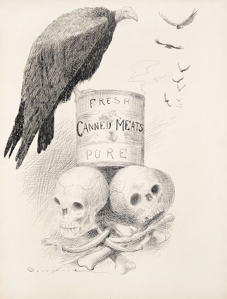 A can of Fresh Canned Meats sits on top of human bones Vultures circle the can a