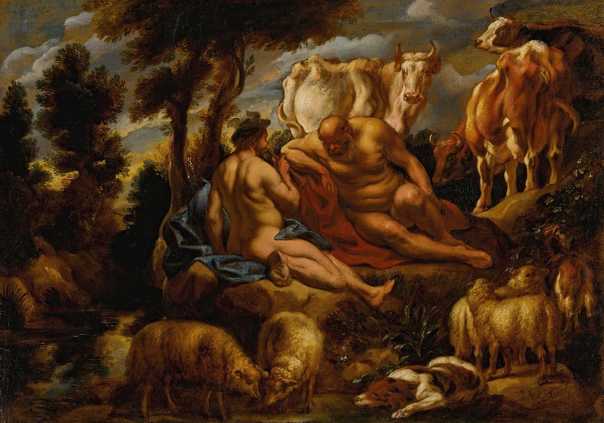Mercury playing Argus to sleep with his flute with Io transformed into a white h
