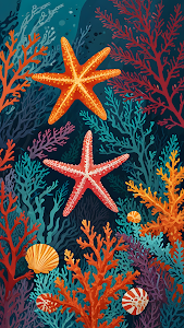 Vibrant Starfish and Coral Reef Underwater Illustration