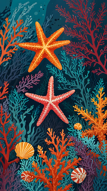 Vibrant Starfish and Coral Reef Underwater Illustration - Free mobile Wallpaper