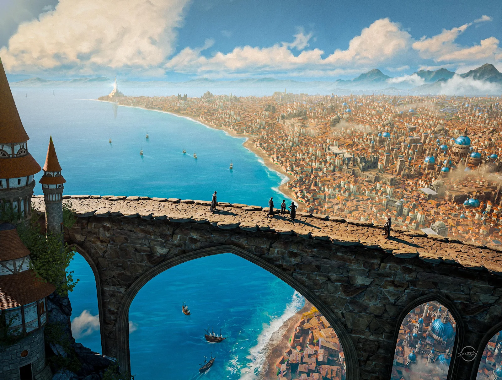 Adventurers Overlooking A Coastal City - Digital Concept Art 4K Wallpaper (3840x2906)
