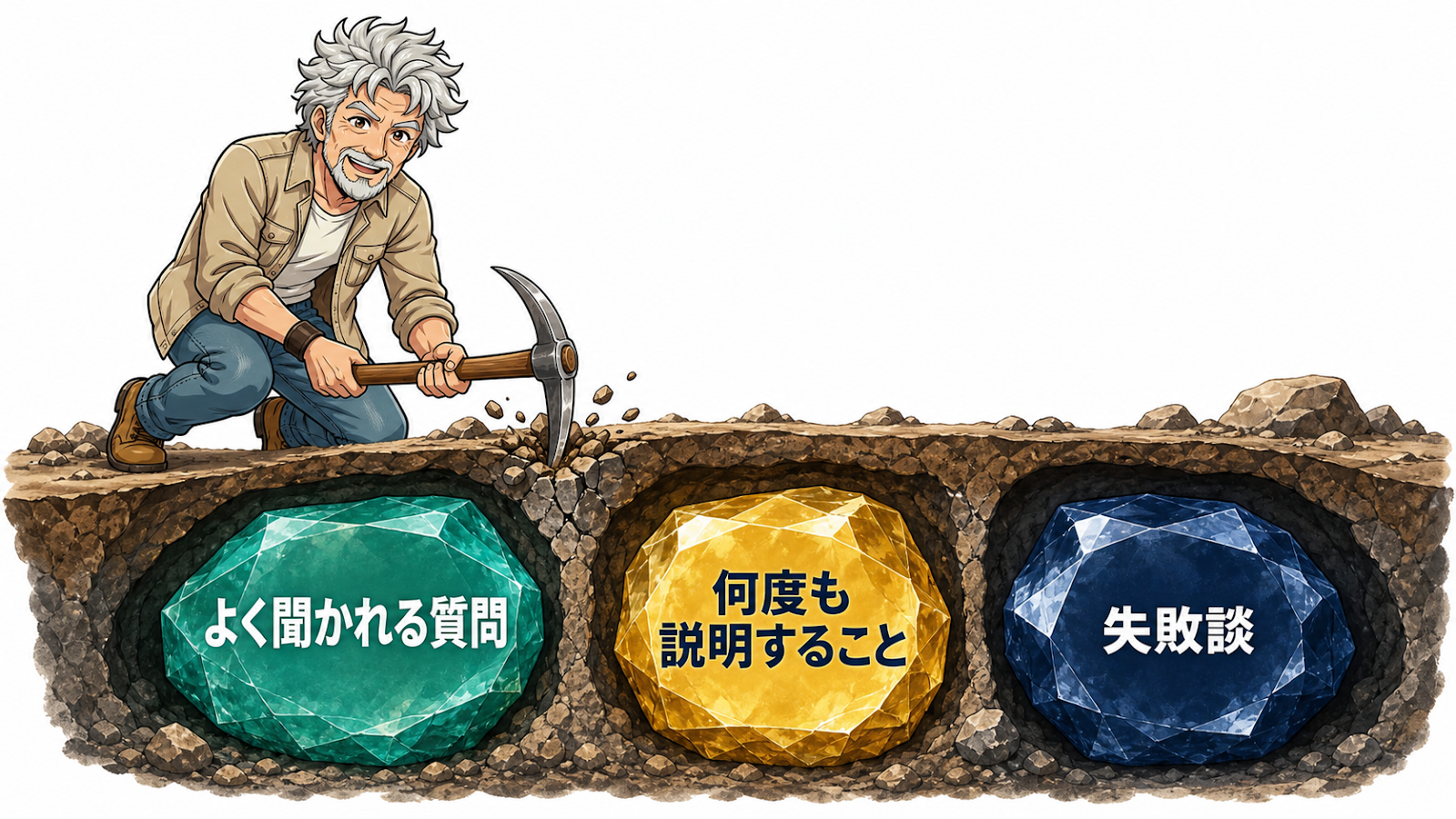 質問・説明・失敗談という本業に眠る3つのネタの鉱脈を宝石で表した図