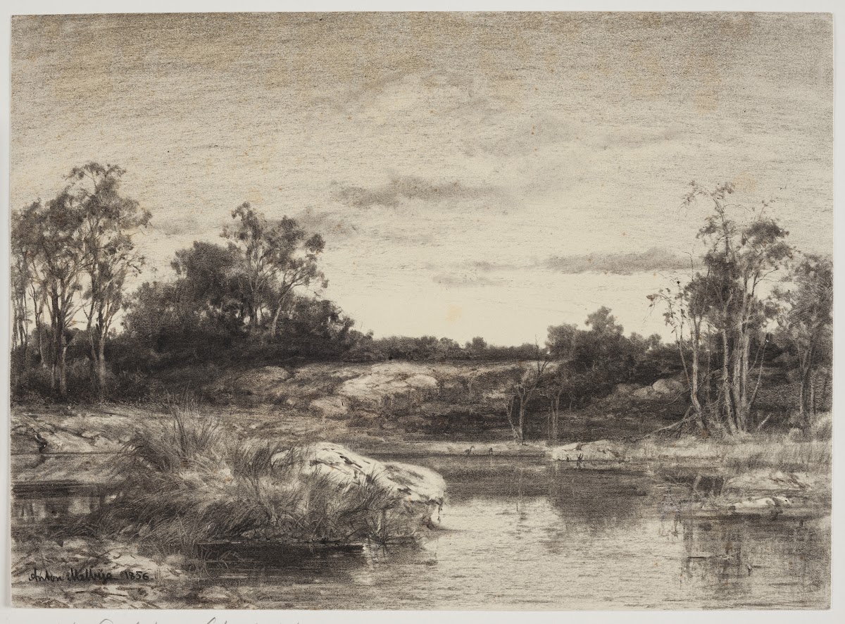 Landscape with a stream or lake in the foreground 1856