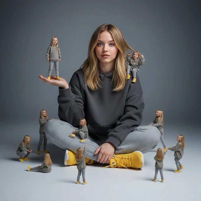 Una imagen surrealista y creativa de una mujer con versiones en miniatura de sí misma.