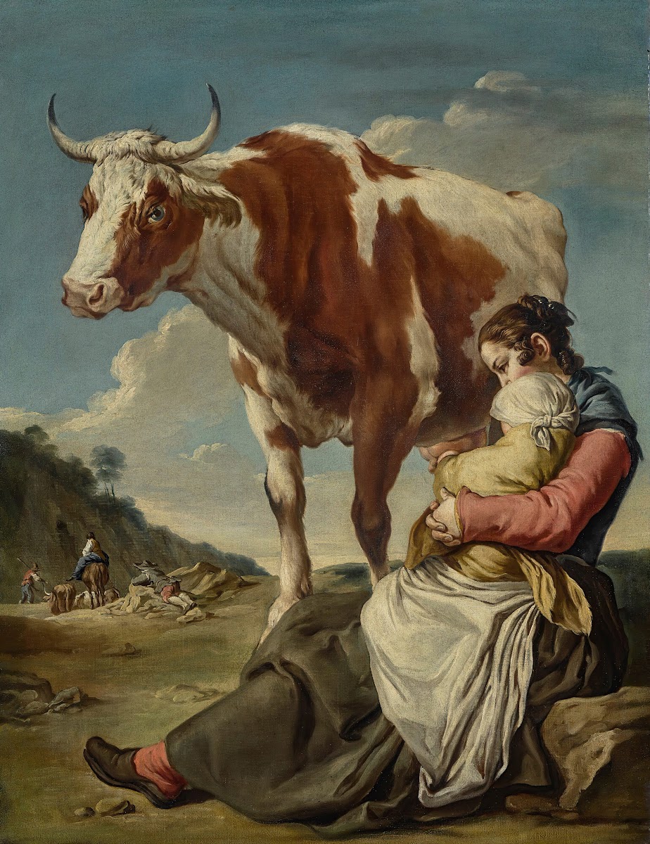 A Mother And Her Child Milking A Cow In A Landscape A Group Of Peasants And Anim