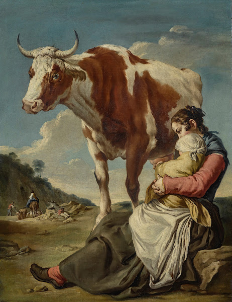 A Mother And Her Child Milking A Cow In A Landscape A Group Of Peasants And Anim