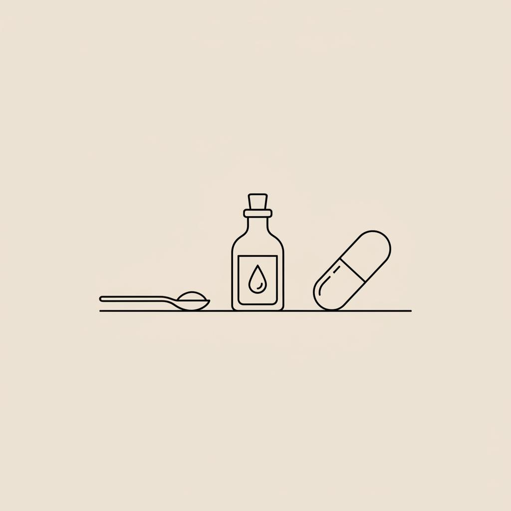 Minimal Tonum-style vector line illustration of a spoon, small oil bottle with a droplet, and a capsule on beige background representing mct oil interactions.