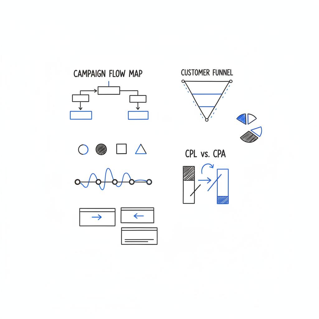 Overhead 2D vector workspace sketch of campaign flows and a CPL vs CPA chart illustrating price per lead trade-offs, minimalist lines in #39383f with accents in #1a5bfb.
