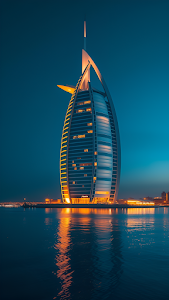 Iconic Burj Al Arab Hotel Night Reflection on Teal Water