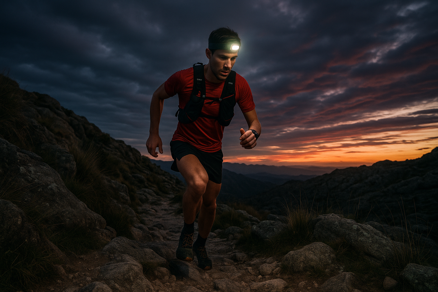Ultra trail runner con linterna frontal en sendero rocoso de las sierras de Córdoba al amanecer