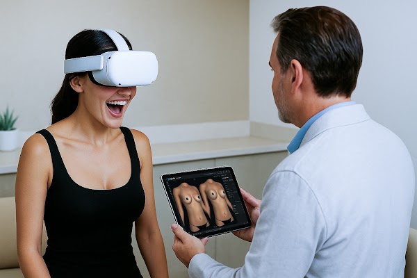 Patient regardant une simulation 3D en réalité virtuelle lors d’une consultation avec un médecin utilisant Crisalix.