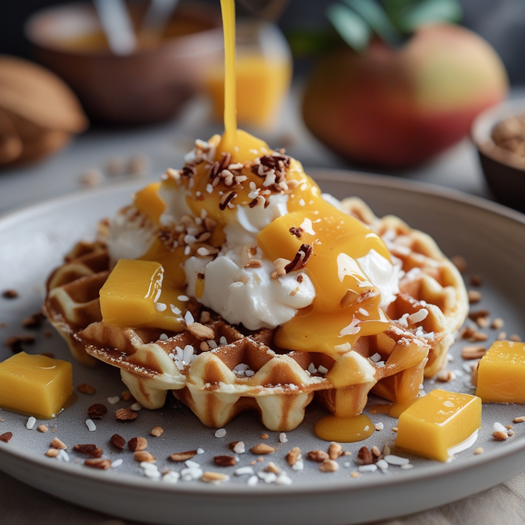 Final Fluffy Ube Coconut Waffles with Tropical Mango Syrup
