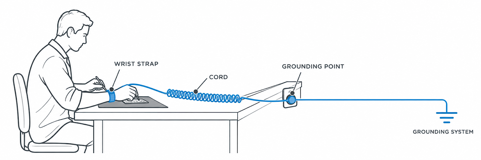 Person to wrist strap to cord to grounding system