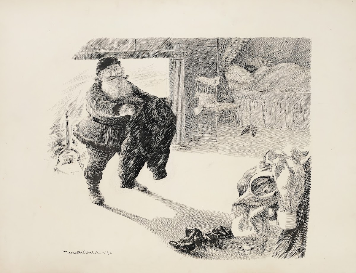 Santa Claus stands in a bedroom where someone is sleeping in front of a fire hol