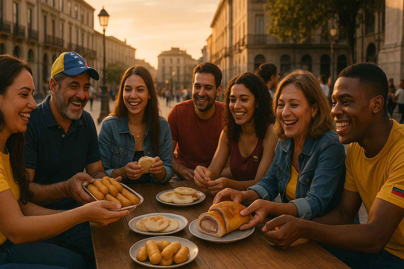 Venezolanos en el exterior compartiendo pan de jamón en una mesa comunitaria