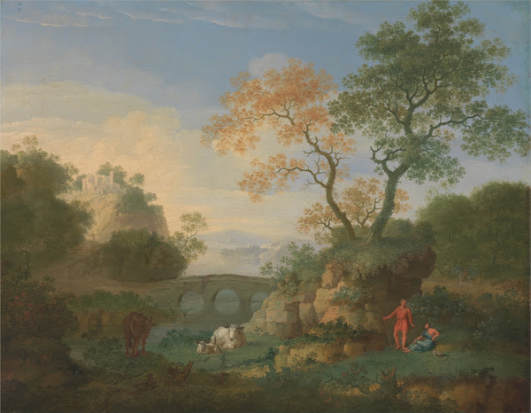 A Landscape with Distant Classical Ruins a Bridge Figures and Cattle