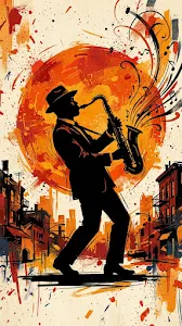 Silhouette of a Jazz Saxophone Player against an Orange Sun