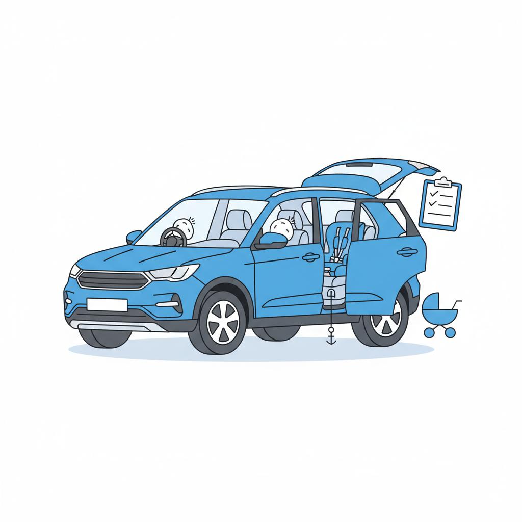 Minimal vector compact SUV showing airbags child seat anchors seatbelts and stroller implying a family inspection for second hand cars in near me