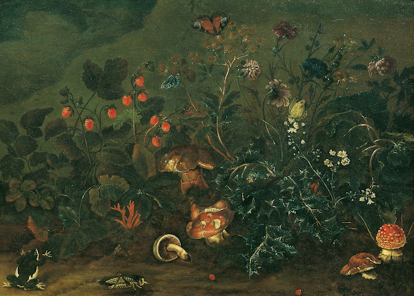 Rasenstück mit Erdbeeren und Grille 1737