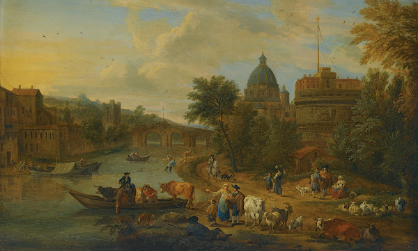 Rome A Capriccio View Of The Tiber With The Castel Santangelo Peasants With Thei