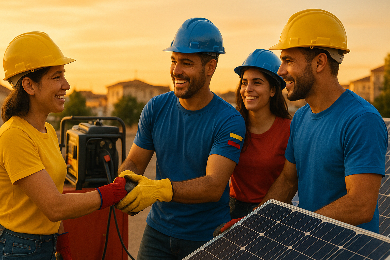 Venezolanos trabajando juntos en un taller y un campo solar al atardecer